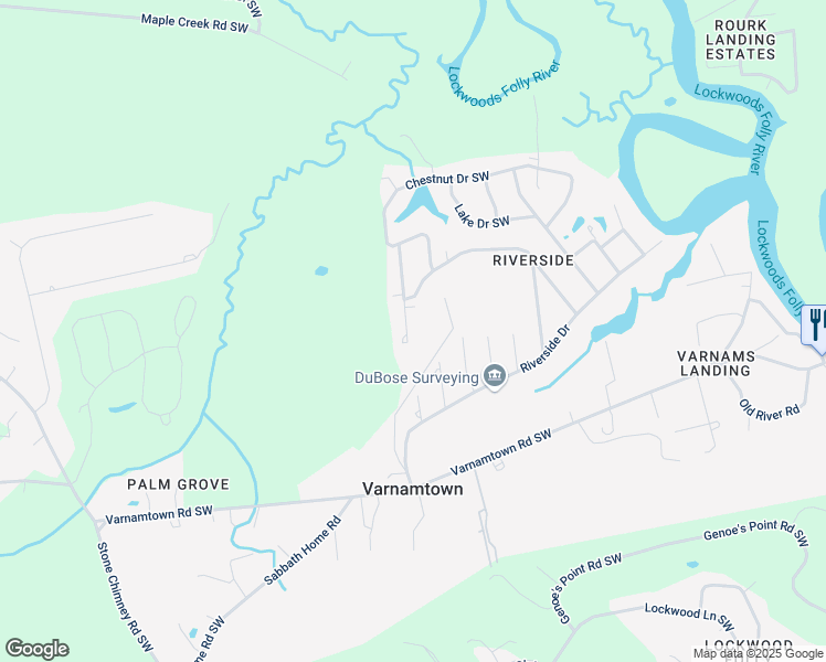 map of restaurants, bars, coffee shops, grocery stores, and more near 2595 Locust Street Southwest in Brunswick