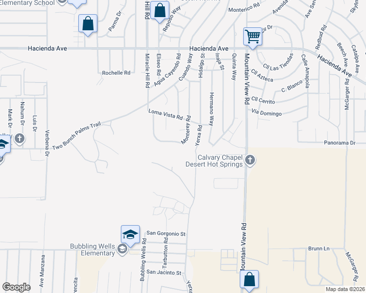 map of restaurants, bars, coffee shops, grocery stores, and more near 67565 Monterey Road in Desert Hot Springs