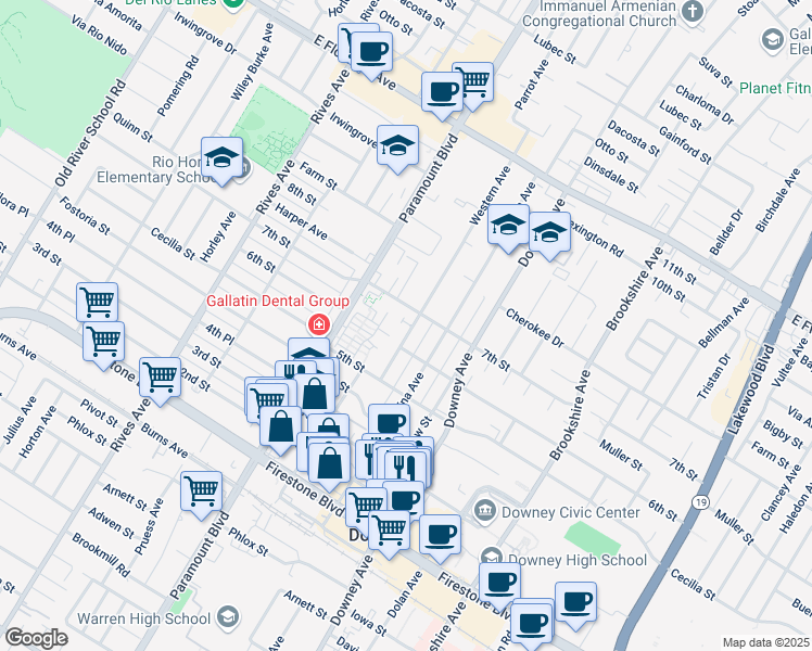 map of restaurants, bars, coffee shops, grocery stores, and more near 10617 Western Avenue in Downey