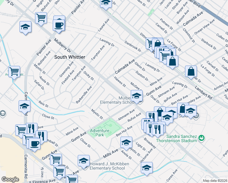 map of restaurants, bars, coffee shops, grocery stores, and more near 13856 Mulberry Drive in Whittier