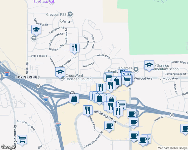 map of restaurants, bars, coffee shops, grocery stores, and more near 2102 Box Springs Road in Moreno Valley
