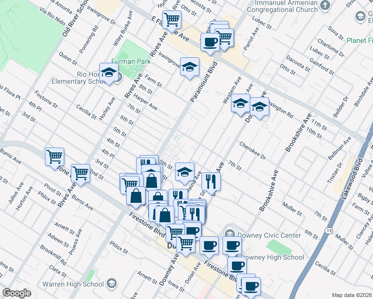 map of restaurants, bars, coffee shops, grocery stores, and more near 10645 Western Avenue in Downey