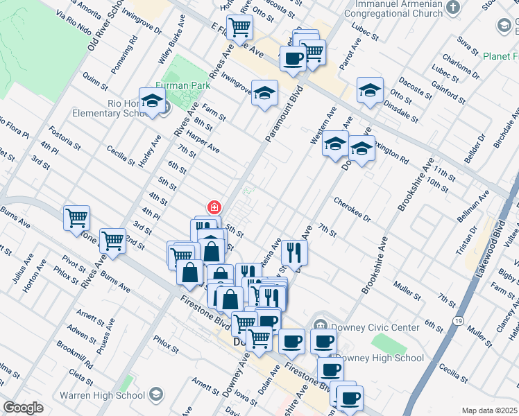 map of restaurants, bars, coffee shops, grocery stores, and more near 10612 Parrot Avenue in Downey