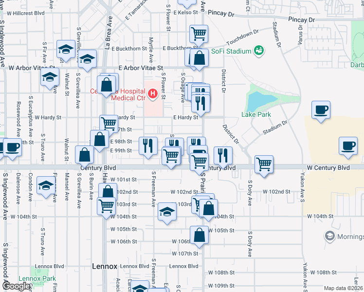 map of restaurants, bars, coffee shops, grocery stores, and more near 624 East 99th Street in Inglewood