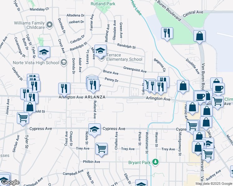 map of restaurants, bars, coffee shops, grocery stores, and more near 8655 Arlington Avenue in Riverside