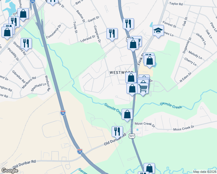 map of restaurants, bars, coffee shops, grocery stores, and more near 2311 Congaree Drive in Cayce
