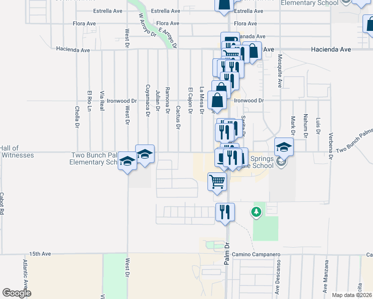 map of restaurants, bars, coffee shops, grocery stores, and more near 66311 Two Bunch Palms Trail in Desert Hot Springs