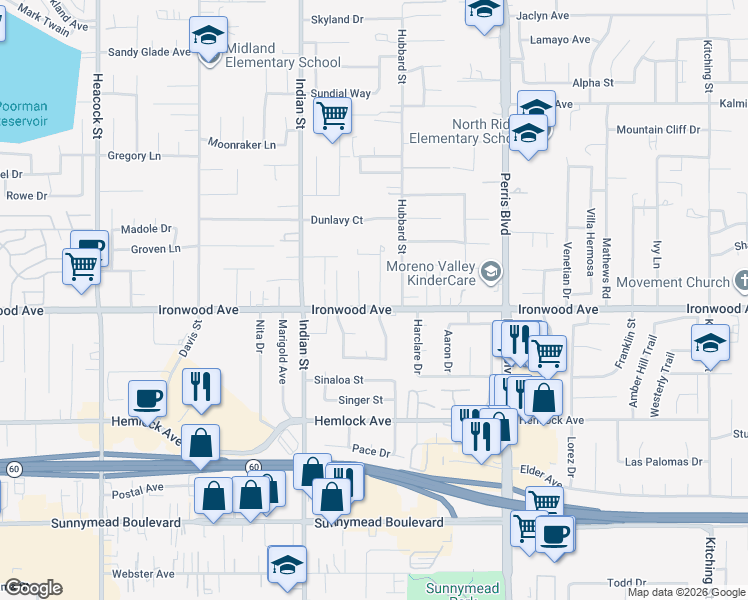 map of restaurants, bars, coffee shops, grocery stores, and more near 11984 Welby Place in Moreno Valley