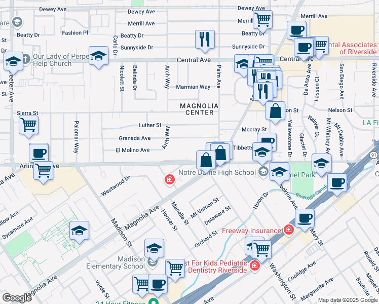 map of restaurants, bars, coffee shops, grocery stores, and more near 4609 Arlington Avenue in Riverside