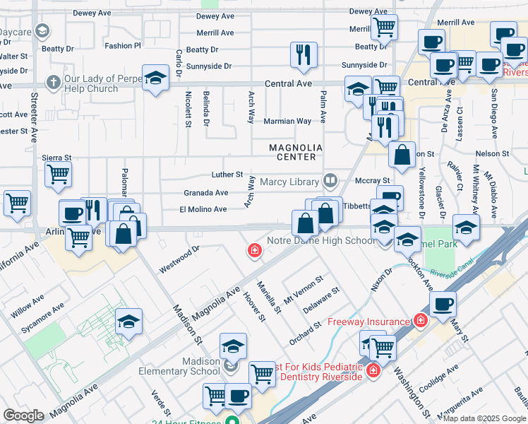 map of restaurants, bars, coffee shops, grocery stores, and more near 8193 Magnolia Avenue in Riverside