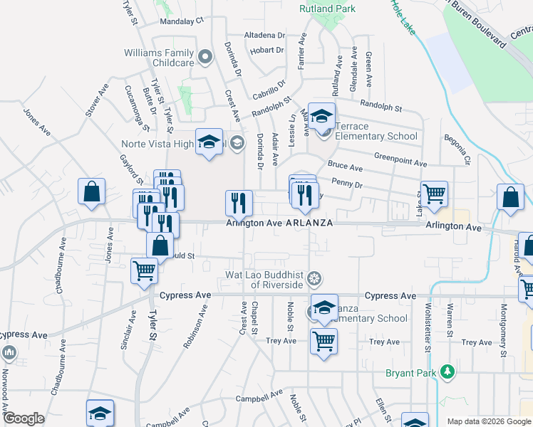 map of restaurants, bars, coffee shops, grocery stores, and more near 9510 Arlington Avenue in Riverside