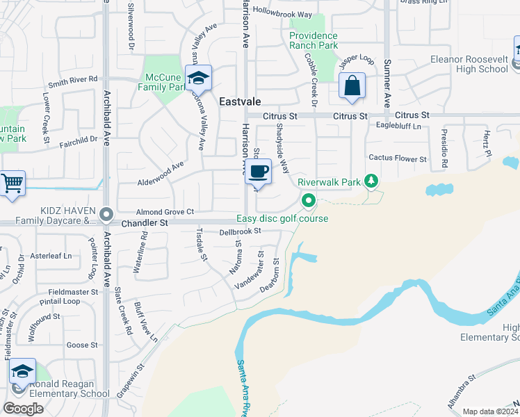 map of restaurants, bars, coffee shops, grocery stores, and more near 13761 Amberview Place in Corona