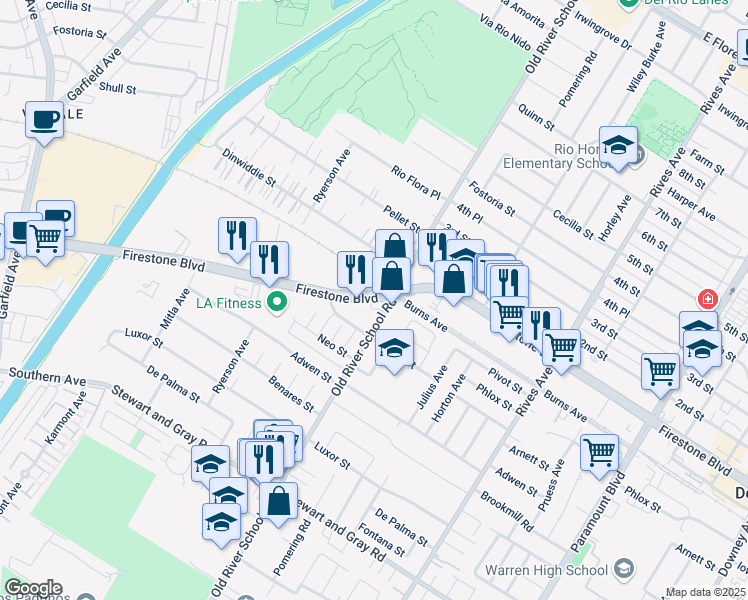 map of restaurants, bars, coffee shops, grocery stores, and more near 7320 Firestone Boulevard in Downey