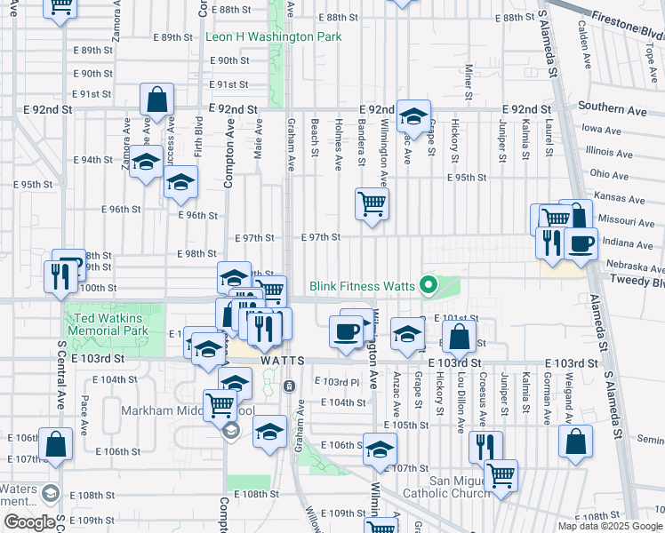 map of restaurants, bars, coffee shops, grocery stores, and more near 9902 Holmes Avenue in Los Angeles