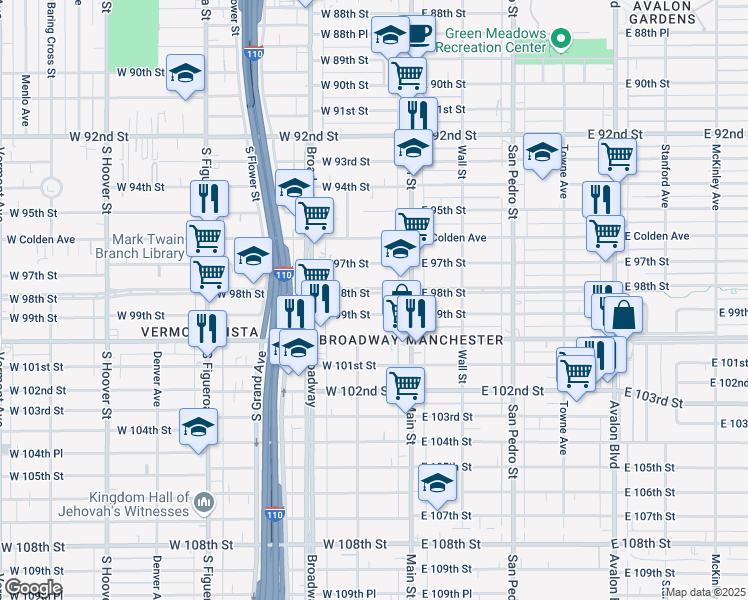 map of restaurants, bars, coffee shops, grocery stores, and more near 135 West 99th Street in Los Angeles
