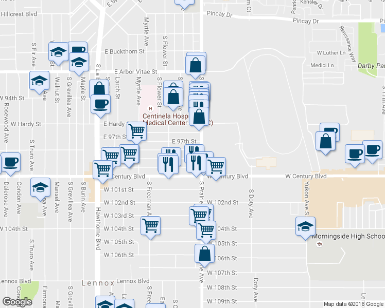map of restaurants, bars, coffee shops, grocery stores, and more near 1225 South Prairie Avenue in Inglewood
