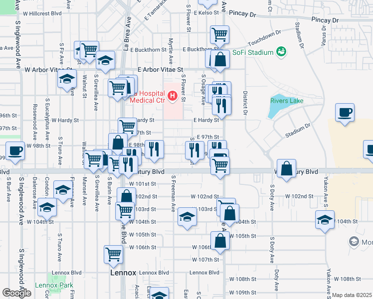 map of restaurants, bars, coffee shops, grocery stores, and more near 545 East 99th Street in Inglewood