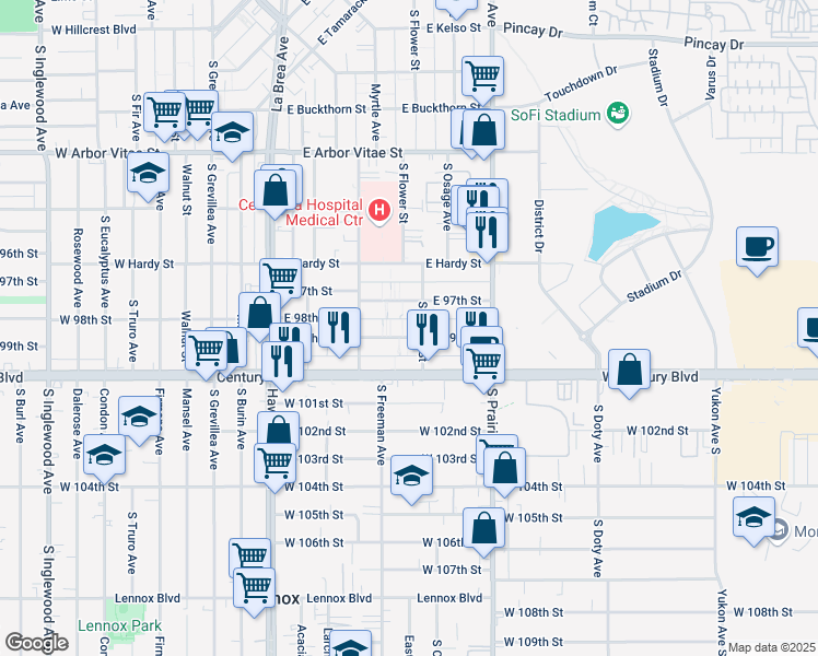 map of restaurants, bars, coffee shops, grocery stores, and more near 548 East 99th Street in Inglewood