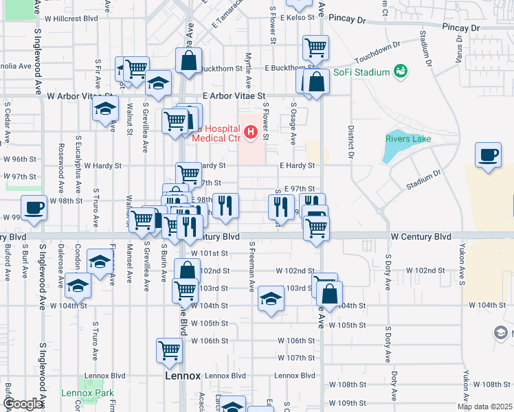 map of restaurants, bars, coffee shops, grocery stores, and more near 508 East 99th Street in Inglewood