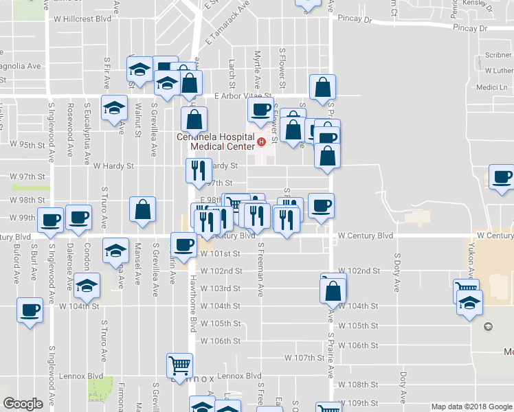 map of restaurants, bars, coffee shops, grocery stores, and more near 511 East 99th Street in Inglewood