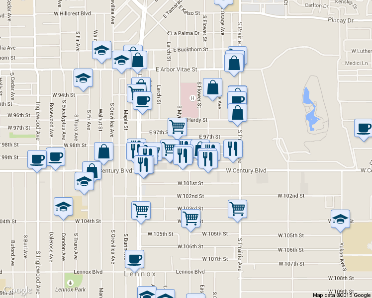 map of restaurants, bars, coffee shops, grocery stores, and more near 508 East 99th Street in Inglewood