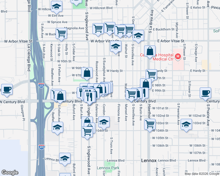 map of restaurants, bars, coffee shops, grocery stores, and more near 1216 South Eucalyptus Avenue in Inglewood