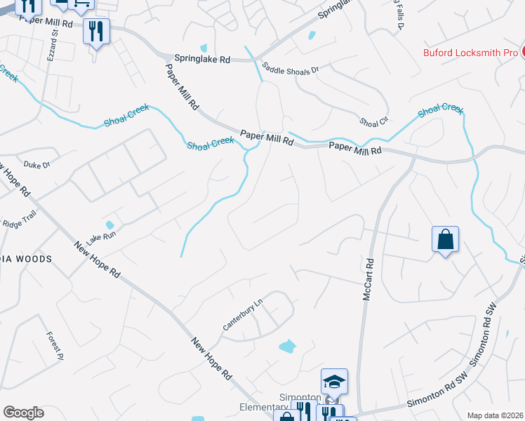 map of restaurants, bars, coffee shops, grocery stores, and more near 341 Paper Woods Drive in Lawrenceville