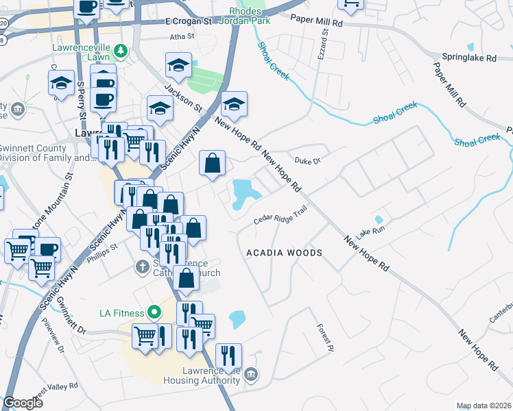 map of restaurants, bars, coffee shops, grocery stores, and more near 102 Sandalwood Circle in Lawrenceville