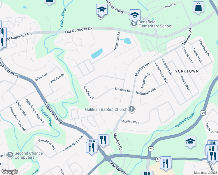 map of restaurants, bars, coffee shops, grocery stores, and more near 1421 Sundale Drive in Lawrenceville