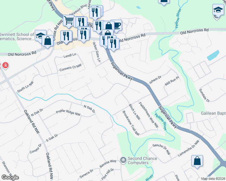 map of restaurants, bars, coffee shops, grocery stores, and more near 1754 Oak Ridge Way Northwest in Lawrenceville