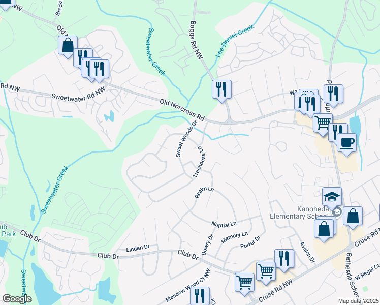 map of restaurants, bars, coffee shops, grocery stores, and more near 1241 Baldridge Drive in Lawrenceville