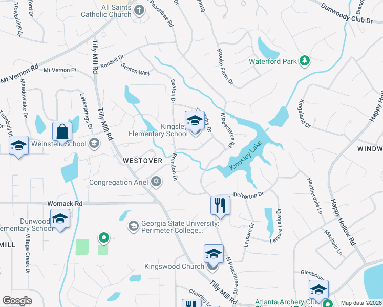 map of restaurants, bars, coffee shops, grocery stores, and more near 2090 Brendon Drive in Dunwoody