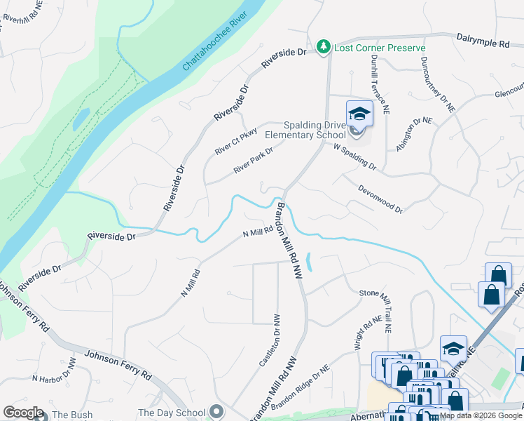 map of restaurants, bars, coffee shops, grocery stores, and more near 7725 Marsh Court Northwest in Atlanta