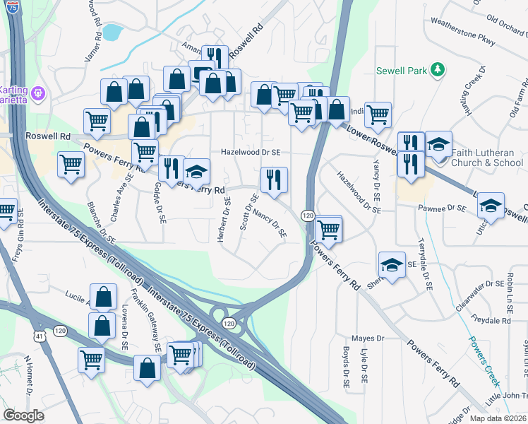map of restaurants, bars, coffee shops, grocery stores, and more near 184 Nancy Drive Southeast in Marietta
