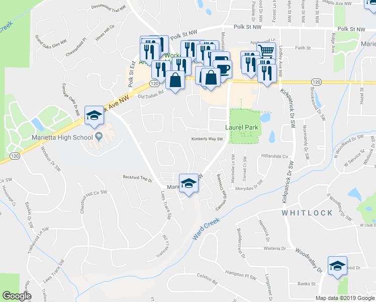 map of restaurants, bars, coffee shops, grocery stores, and more near 260 Manning Road Southwest in Marietta