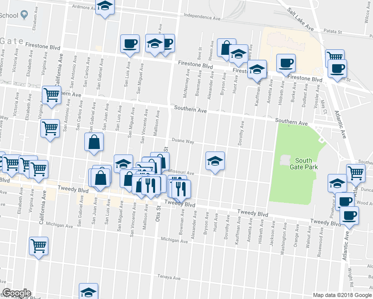 map of restaurants, bars, coffee shops, grocery stores, and more near 9525 Bowman Avenue in South Gate