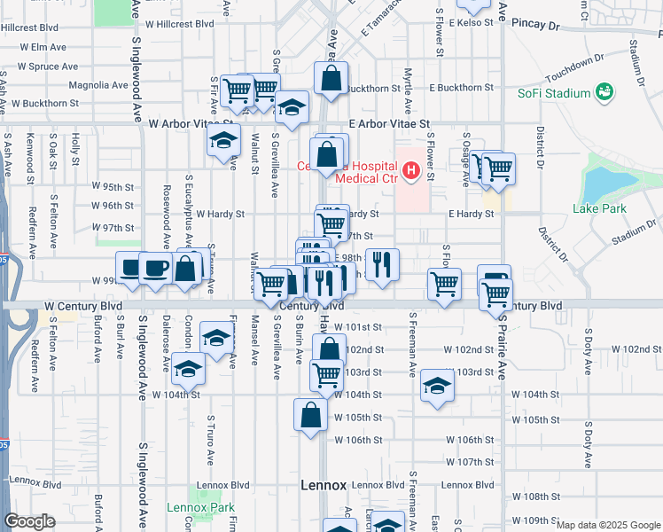 map of restaurants, bars, coffee shops, grocery stores, and more near 1210 South La Brea Avenue in Inglewood