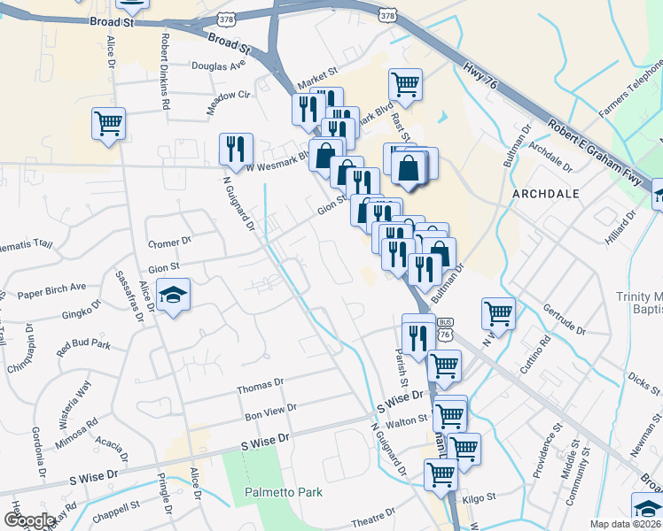 map of restaurants, bars, coffee shops, grocery stores, and more near 1027 Jessamine Trail in Sumter