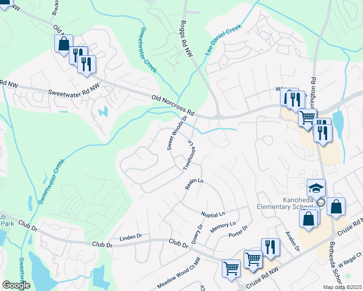 map of restaurants, bars, coffee shops, grocery stores, and more near 1241 Baldridge Drive in Lawrenceville