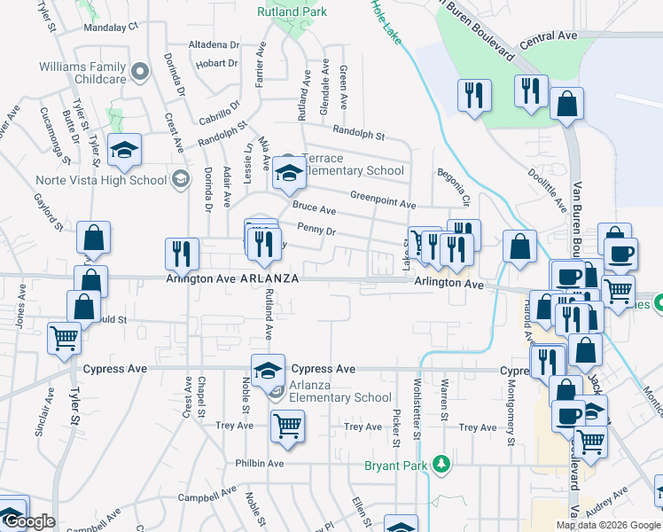 map of restaurants, bars, coffee shops, grocery stores, and more near 8655 Arlington Avenue in Riverside