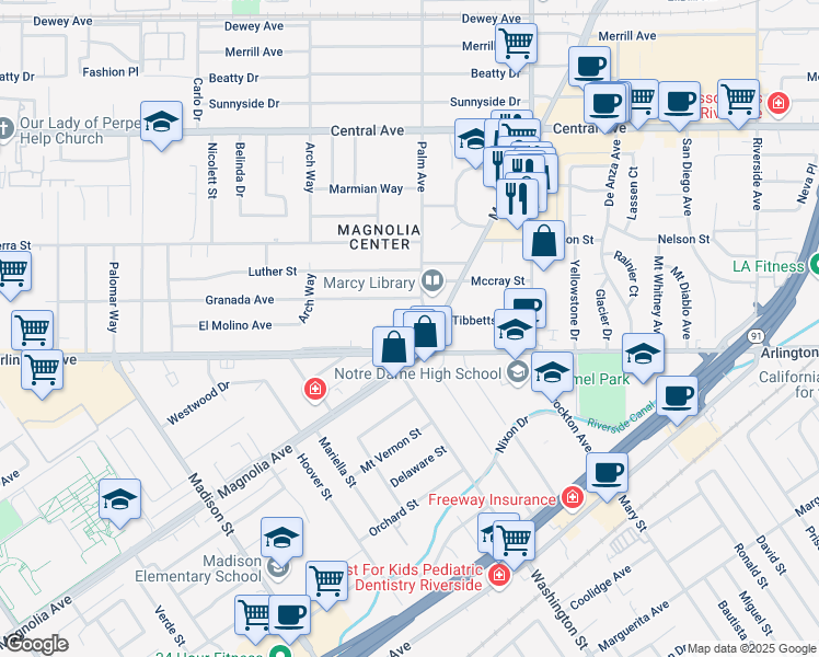map of restaurants, bars, coffee shops, grocery stores, and more near 7024 Magnolia Avenue in Riverside