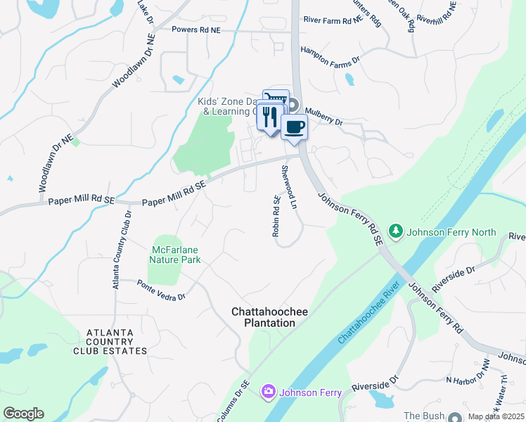 map of restaurants, bars, coffee shops, grocery stores, and more near 130 Robin Road Southeast in Marietta