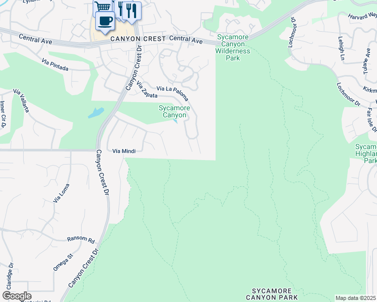 map of restaurants, bars, coffee shops, grocery stores, and more near 510 Vía Zapata in Riverside