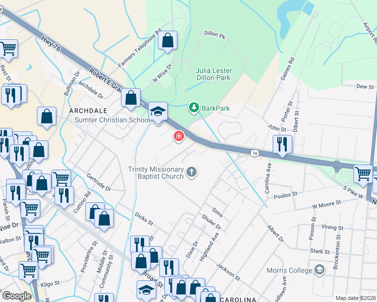 map of restaurants, bars, coffee shops, grocery stores, and more near 970 Wall Street in Sumter