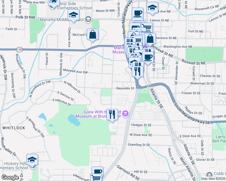 map of restaurants, bars, coffee shops, grocery stores, and more near 331 Wright Street SW in Marietta