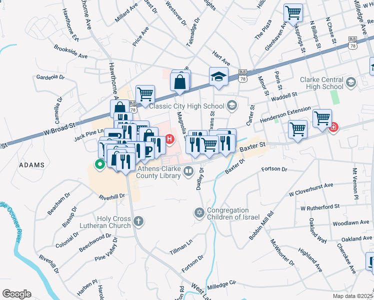 map of restaurants, bars, coffee shops, grocery stores, and more near 1230 Baxter Street in Athens