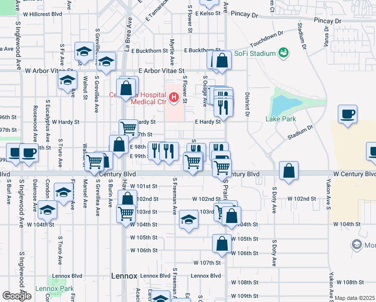 map of restaurants, bars, coffee shops, grocery stores, and more near 545 East 99th Street in Inglewood