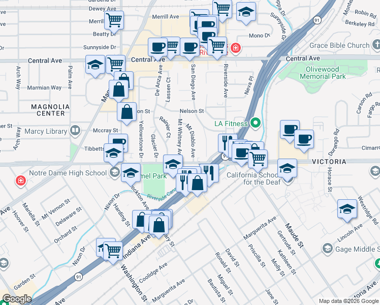 map of restaurants, bars, coffee shops, grocery stores, and more near 3579 Arlington Avenue in Riverside