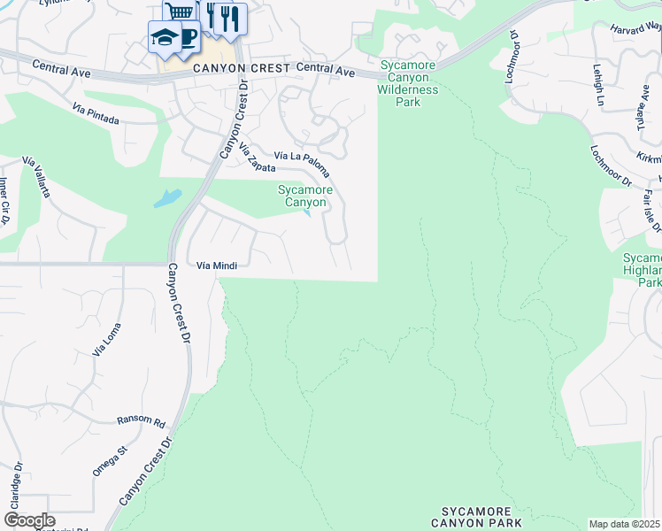 map of restaurants, bars, coffee shops, grocery stores, and more near 510 Vía Zapata in Riverside