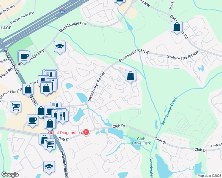 map of restaurants, bars, coffee shops, grocery stores, and more near 3400 Sweetwater Road in Lawrenceville